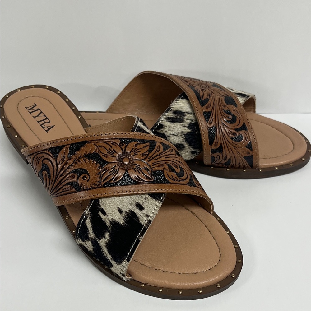 Myra Bag Brown Tooled Leather & Black-White Cowhide Slide Sandals